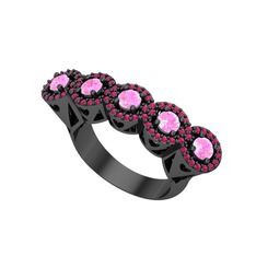 Kalpli 5 Taş Yüzük - Pembe kuvars ve rodolit garnet 925 ayar siyah rodyum kaplama gümüş yüzük #11b5thw