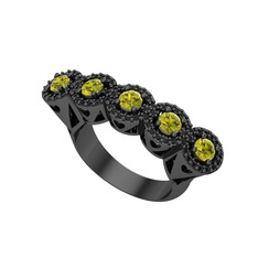 Kalpli 5 Taş Yüzük - Peridot ve siyah zirkon 925 ayar siyah rodyum kaplama gümüş yüzük #12u5gmh