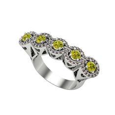 Peridot ve dumanlı kuvars 14 ayar beyaz altın yüzük