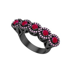 Kalpli 5 Taş Yüzük - Kök yakut ve pembe kuvars 925 ayar siyah rodyum kaplama gümüş yüzük #14dvk33