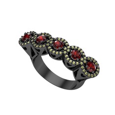 Kalpli 5 Taş Yüzük - Garnet ve peridot 925 ayar siyah rodyum kaplama gümüş yüzük #14nv0ml