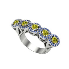 Peridot ve lab safir 8 ayar beyaz altın yüzük