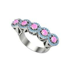 Kalpli 5 Taş Yüzük - Pembe kuvars ve akuamarin 18 ayar beyaz altın yüzük #14r7xsv