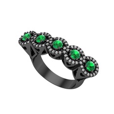 Kalpli 5 Taş Yüzük - Yeşil kuvars ve swarovski 925 ayar siyah rodyum kaplama gümüş yüzük #17odsoe
