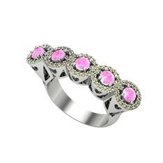 Pembe kuvars ve peridot 14 ayar beyaz altın yüzük