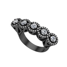 Kalpli 5 Taş Yüzük - Pırlanta ve swarovski 925 ayar siyah rodyum kaplama gümüş yüzük (0.7 karat) #196krpx