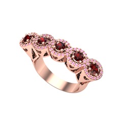 Kalpli 5 Taş Yüzük - Garnet ve pembe kuvars 18 ayar rose altın yüzük #199uyzr