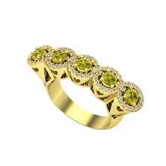 Kalpli 5 Taş Yüzük - Peridot ve beyaz zirkon 14 ayar altın yüzük #19vqt8i