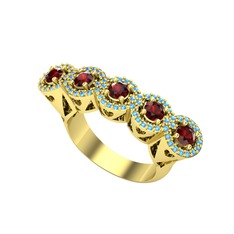 Kalpli 5 Taş Yüzük - Garnet ve akuamarin 8 ayar altın yüzük #1ao05hi