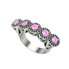 Kalpli 5 Taş Yüzük - Pembe kuvars ve siyah zirkon 14 ayar beyaz altın yüzük #1czv3qe