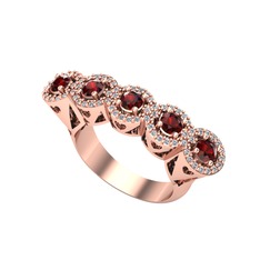 Kalpli 5 Taş Yüzük - Garnet ve pırlanta 18 ayar rose altın yüzük (0.6 karat) #1e56g2m