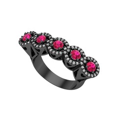 Kalpli 5 Taş Yüzük - Rodolit garnet ve beyaz zirkon 925 ayar siyah rodyum kaplama gümüş yüzük #1hly4lb