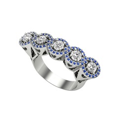 Kalpli 5 Taş Yüzük - Swarovski ve lab safir 8 ayar beyaz altın yüzük #1iu7tso