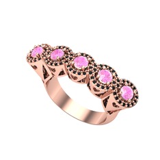 Pembe kuvars ve siyah zirkon 14 ayar rose altın yüzük