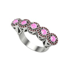Kalpli 5 Taş Yüzük - Pembe kuvars ve garnet 8 ayar beyaz altın yüzük #1kjq5ux