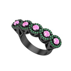 Kalpli 5 Taş Yüzük - Pembe kuvars ve yeşil kuvars 925 ayar siyah rodyum kaplama gümüş yüzük #1l9cmls