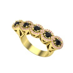 Kalpli 5 Taş Yüzük - Siyah zirkon ve pembe kuvars 18 ayar altın yüzük #1mvix8j