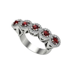 Kalpli 5 Taş Yüzük - Garnet ve pırlanta 18 ayar beyaz altın yüzük (0.6 karat) #1mykpx7