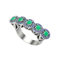 Kalpli 5 Taş Yüzük - Kök zümrüt ve lab safir 14 ayar beyaz altın yüzük #1n4g64g