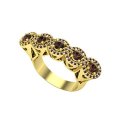 Kalpli 5 Taş Yüzük - Dumanlı kuvars ve ametist 8 ayar altın yüzük #1nyyc4l