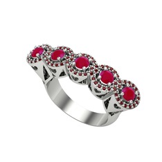 Kalpli 5 Taş Yüzük - Kök yakut ve garnet 18 ayar beyaz altın yüzük #1onx03d