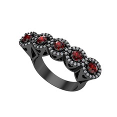 Kalpli 5 Taş Yüzük - Garnet ve pırlanta 925 ayar siyah rodyum kaplama gümüş yüzük (0.6 karat) #1onyww9