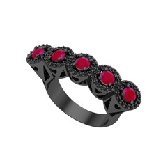 Kalpli 5 Taş Yüzük - Kök yakut ve siyah zirkon 925 ayar siyah rodyum kaplama gümüş yüzük #1pye6bv
