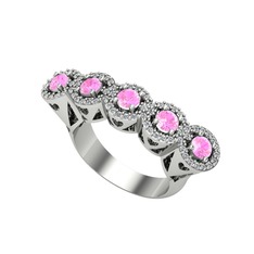 Kalpli 5 Taş Yüzük - Pembe kuvars ve pırlanta 14 ayar beyaz altın yüzük (0.6 karat) #1sux1kr