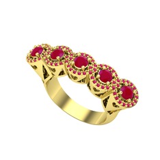 Kalpli 5 Taş Yüzük - Kök yakut ve rodolit garnet 8 ayar altın yüzük #1u90om8