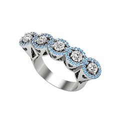 Kalpli 5 Taş Yüzük - Beyaz zirkon ve akuamarin 925 ayar gümüş yüzük #1v04w3s