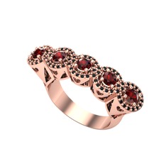 Kalpli 5 Taş Yüzük - Garnet ve siyah zirkon 8 ayar rose altın yüzük #1vlan8b
