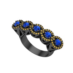 Kalpli 5 Taş Yüzük - Lab safir ve sitrin 925 ayar siyah rodyum kaplama gümüş yüzük #1vprt1l
