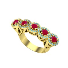 Kalpli 5 Taş Yüzük - Kök yakut ve akuamarin 8 ayar altın yüzük #1vunc9l