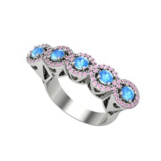 Kalpli 5 Taş Yüzük - Akuamarin ve pembe kuvars 14 ayar beyaz altın yüzük #1wcsla7