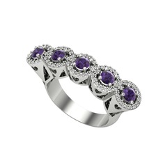 Kalpli 5 Taş Yüzük - Ametist ve swarovski 14 ayar beyaz altın yüzük #1x704nh