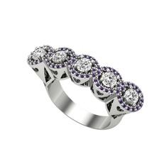 Kalpli 5 Taş Yüzük - Swarovski ve ametist 8 ayar beyaz altın yüzük #2tmtjz