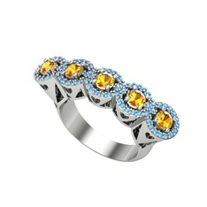 Kalpli 5 Taş Yüzük - Sitrin ve akuamarin 925 ayar gümüş yüzük #32mitk