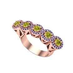 Kalpli 5 Taş Yüzük - Peridot ve lab safir 925 ayar rose altın kaplama gümüş yüzük #39gd83