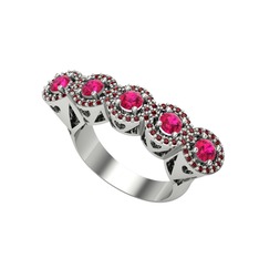 Kalpli 5 Taş Yüzük - Rodolit garnet ve garnet 8 ayar beyaz altın yüzük #3tgach