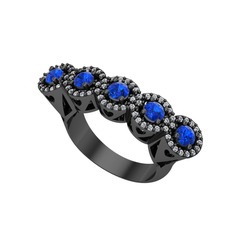 Kalpli 5 Taş Yüzük - Lab safir ve pırlanta 925 ayar siyah rodyum kaplama gümüş yüzük (0.6 karat) #5q3np8