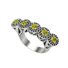 Kalpli 5 Taş Yüzük - Peridot ve siyah zirkon 14 ayar beyaz altın yüzük #5zws0a