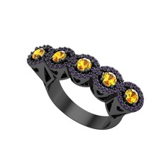 Kalpli 5 Taş Yüzük - Sitrin ve ametist 925 ayar siyah rodyum kaplama gümüş yüzük #9hdj7f