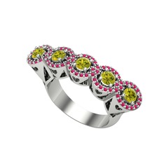 Peridot ve rodolit garnet 18 ayar beyaz altın yüzük