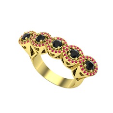 Kalpli 5 Taş Yüzük - Siyah zirkon ve rodolit garnet 18 ayar altın yüzük #dztl86