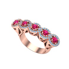Kalpli 5 Taş Yüzük - Rodolit garnet ve akuamarin 18 ayar rose altın yüzük #eh3yia
