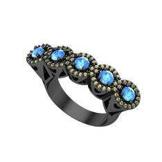 Kalpli 5 Taş Yüzük - Akuamarin ve peridot 925 ayar siyah rodyum kaplama gümüş yüzük #fekubl