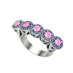 Pembe kuvars ve lab safir 8 ayar beyaz altın yüzük