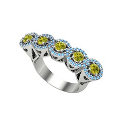 Peridot ve akuamarin 18 ayar beyaz altın yüzük