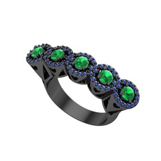 Kalpli 5 Taş Yüzük - Yeşil kuvars ve lab safir 925 ayar siyah rodyum kaplama gümüş yüzük #k5xc40