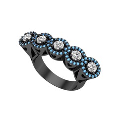 Kalpli 5 Taş Yüzük - Beyaz zirkon ve akuamarin 925 ayar siyah rodyum kaplama gümüş yüzük #mthzko